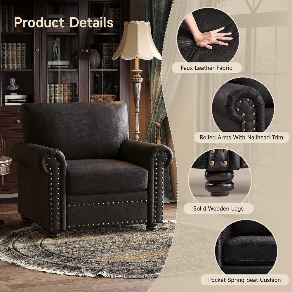 ONBRILL Nailhead Trim Accent Chair, Faux Leather Club Chair for Living Room, ...