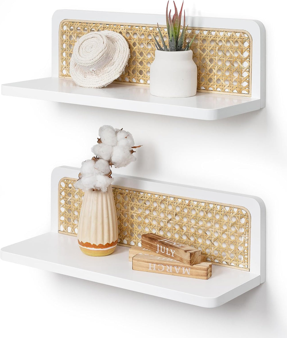 White Rattan Wall Shelf, Boho Floating Shelves, 16 Inch