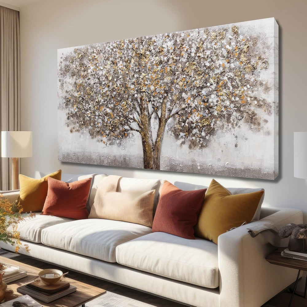 Large Framed Neutral Tree Landscape Wall Art for Living Room,29x58 In