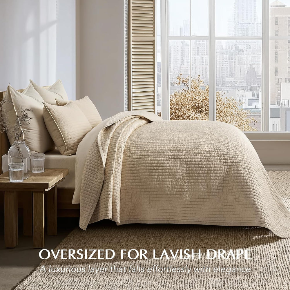 EVERGRACEHOME Cotton Sateen Quilt Set, King Size, Light Sand