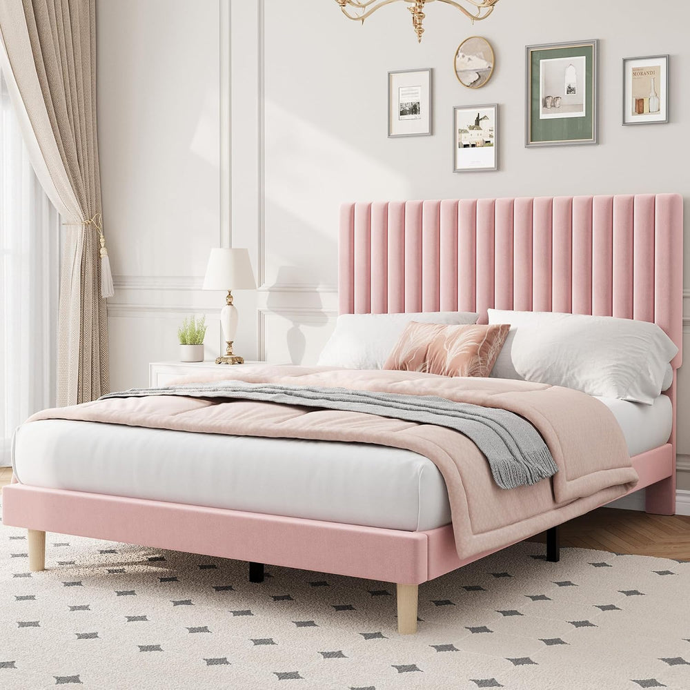 Full Bed Frame with Adjustable Headboard, Velvet Upholstered Platform Bed