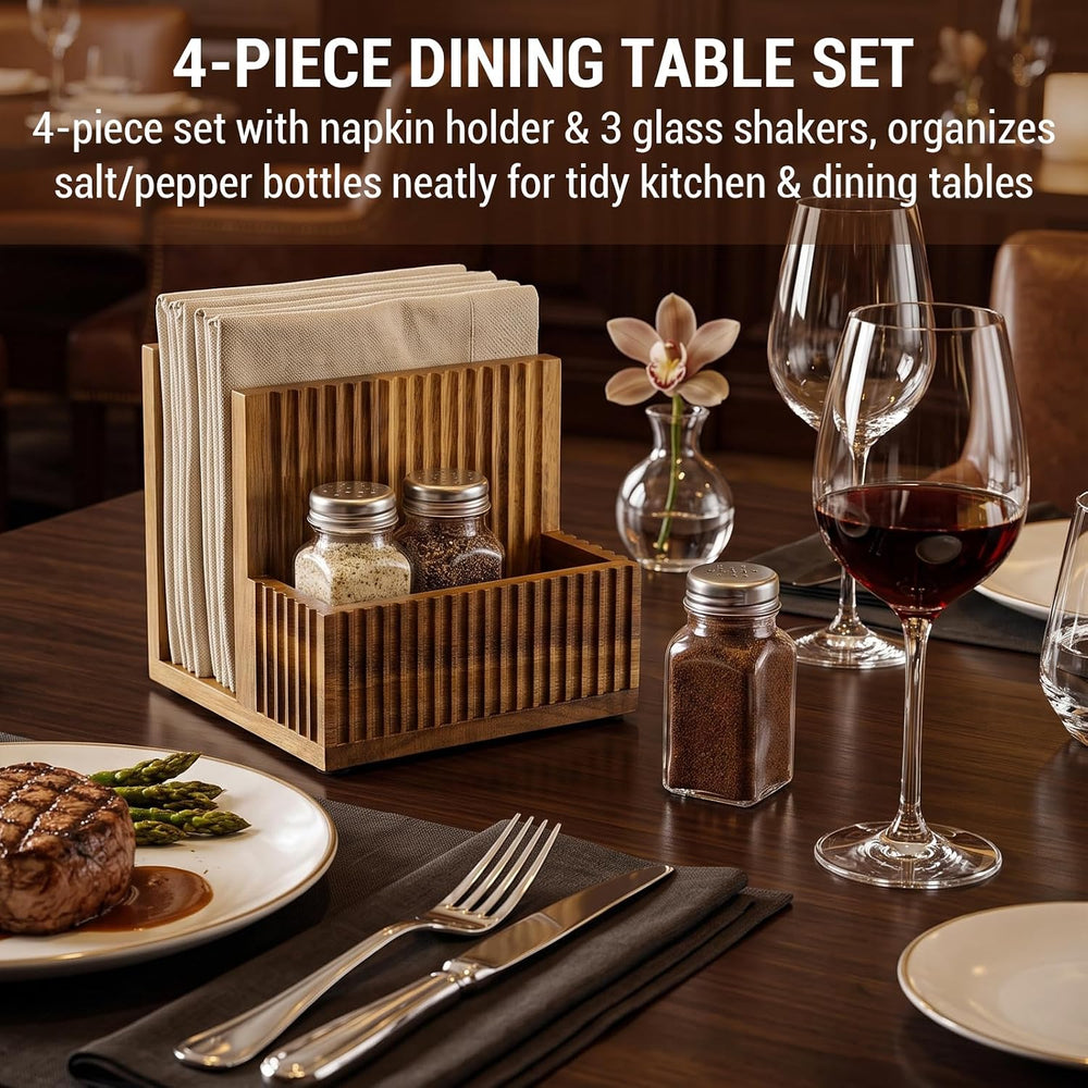 MyGift 4-Piece Fluted Acacia Wood Dining Table Organizer Set – Napkin Holder,...