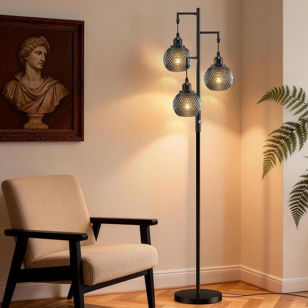 QiMH Modern Glass Floor Lamps for Living Room, 3 Lights Standing Lamp, Grey