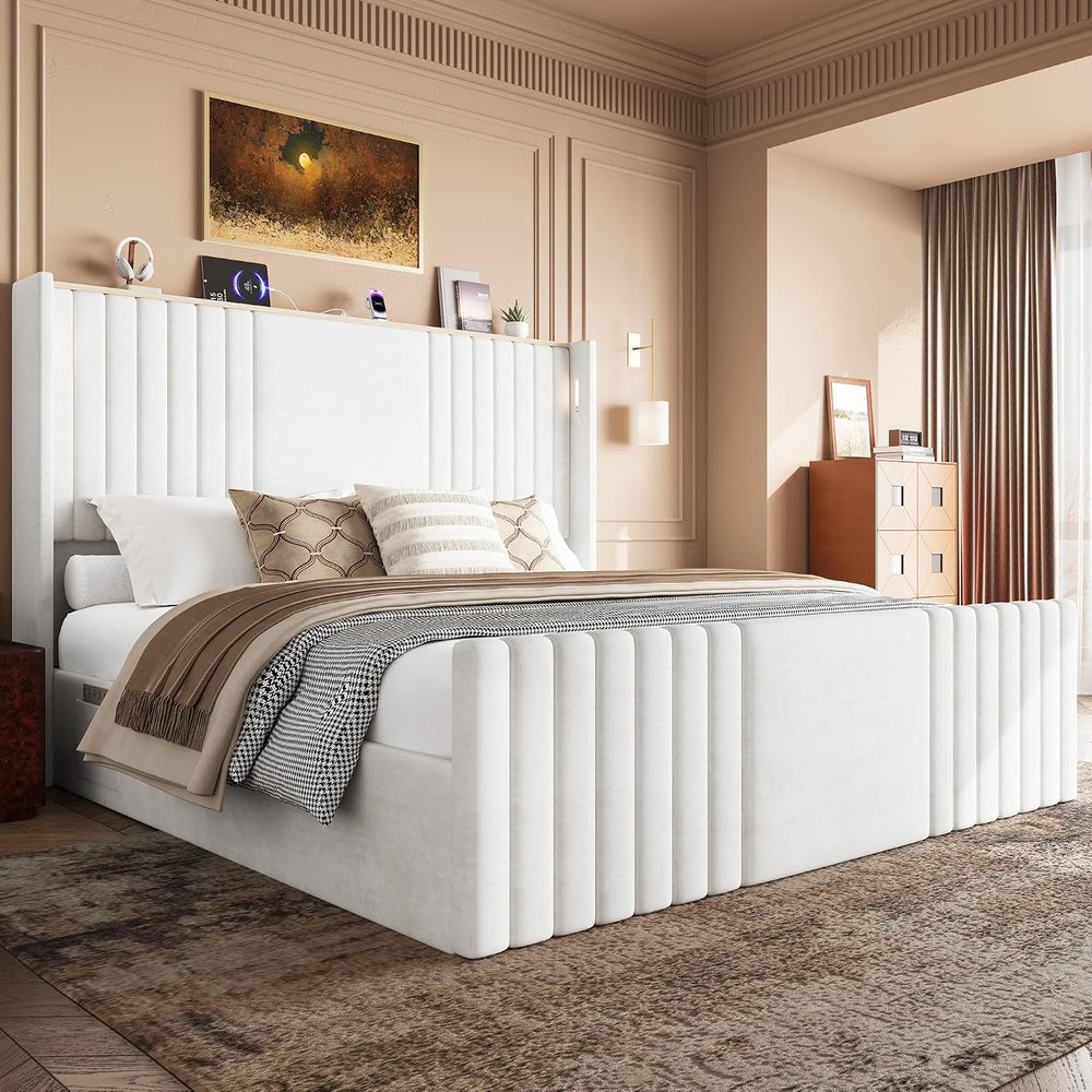 55" Tall King Size Platform Bed Frame with 2 Reading Lights, Cream