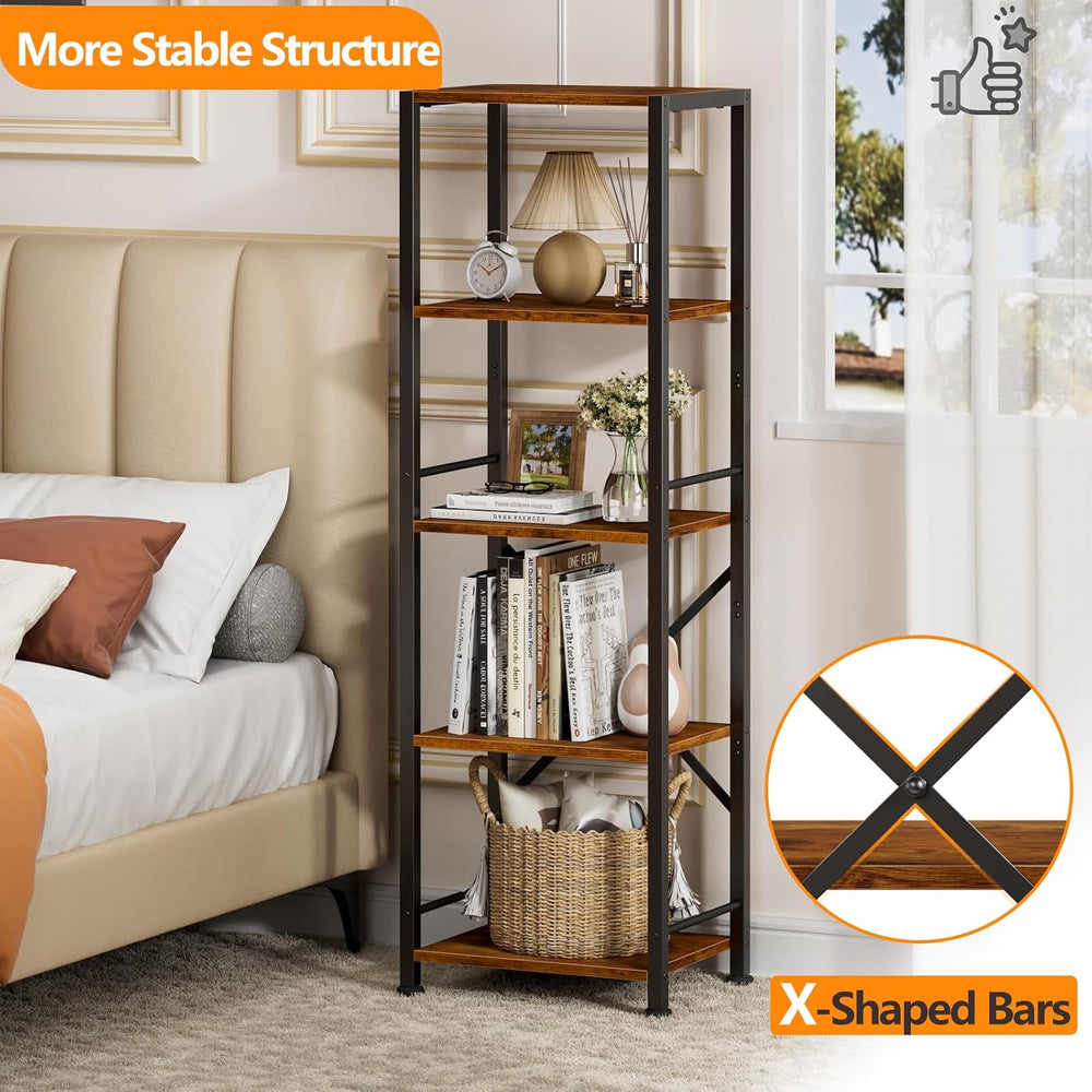 Furologee 5 Tier Bookshelf, Narrow Bookcase, Metal Book Shelf, Rustic Brown