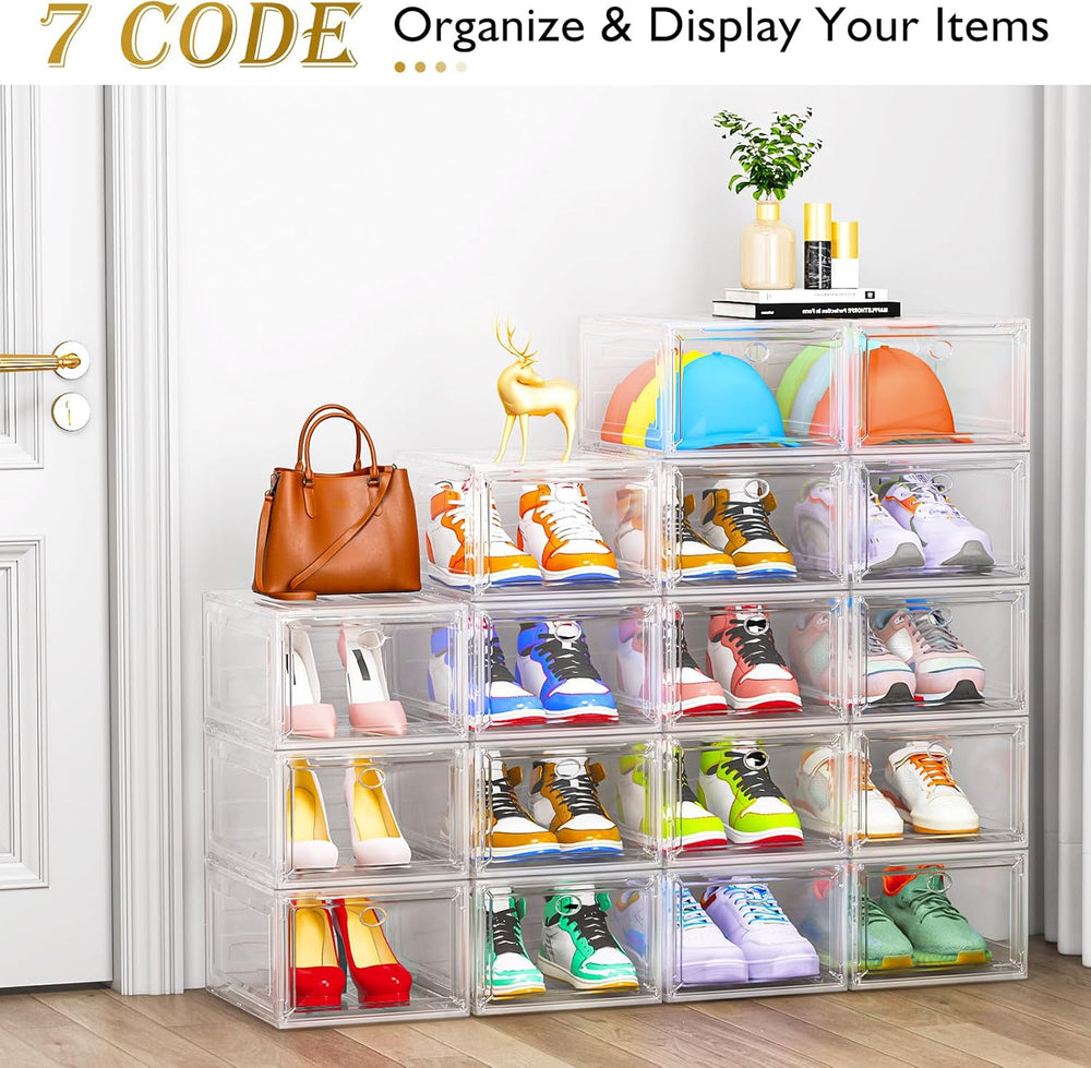 12 Pack Shoe Organizer, Stackable Shoe Storage Boxes with Magnetic Door