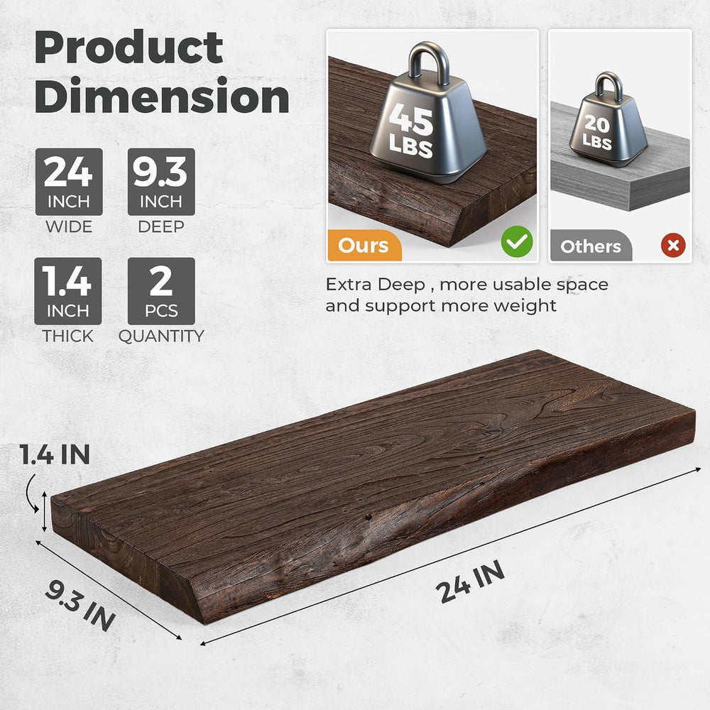 RICHFOCUS Live Edge Elm Floating Shelves - 24" W x 9.3" D Rustic So...