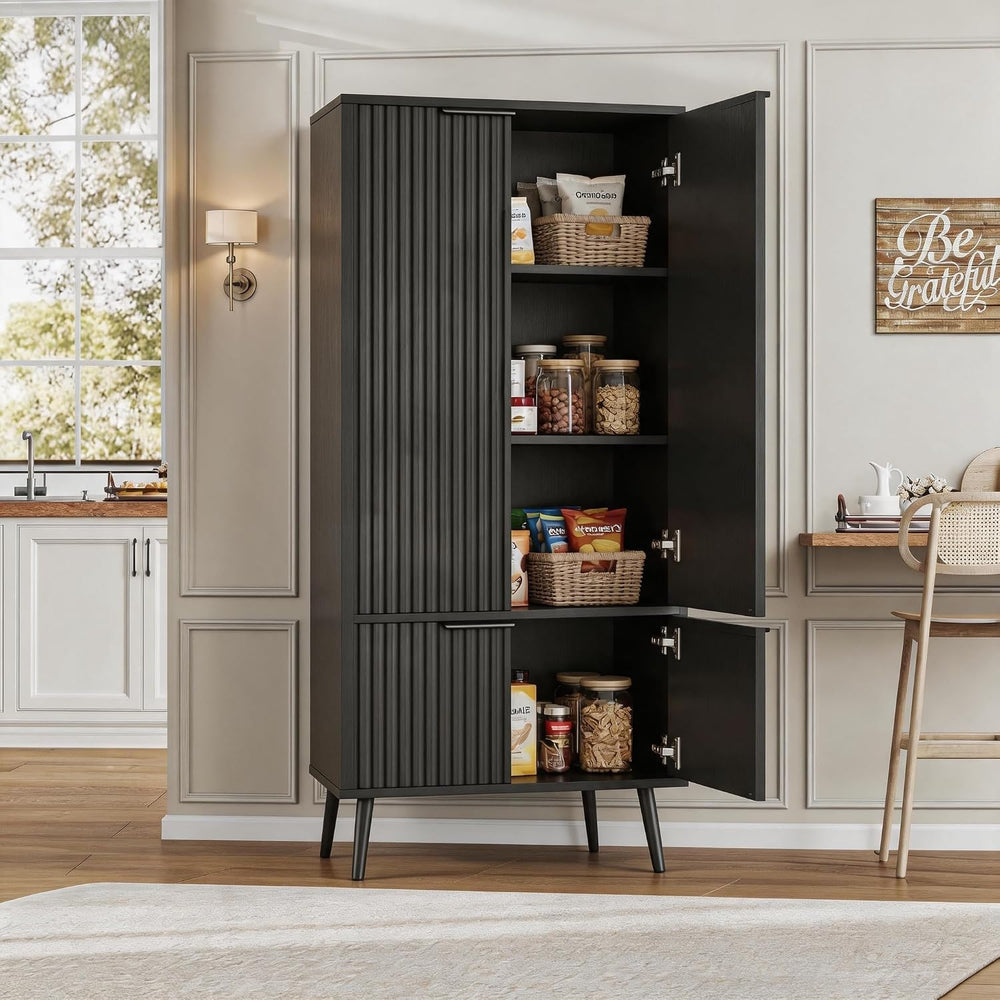 Ebony Fluted 51" Tall Wooden Kitchen Pantry Storage Cabinet Food Organiz...