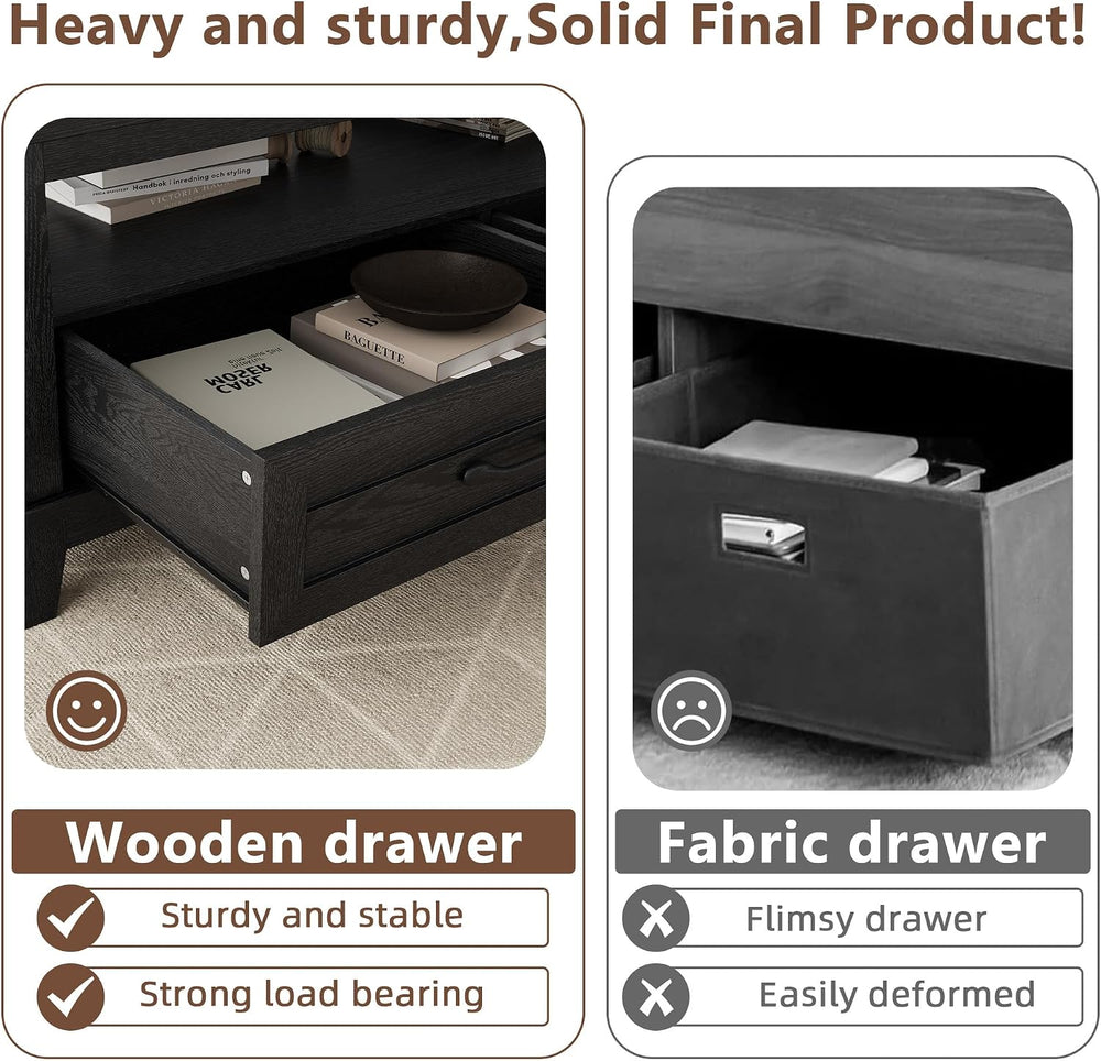 IDEALHOUSE Black Coffee Table with Drawers, 47.2” Rustic Center Table with Op...