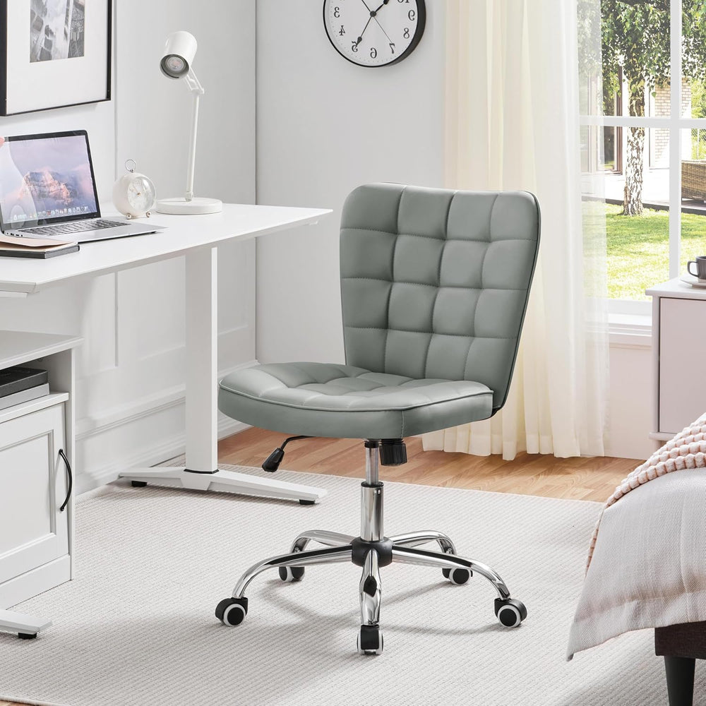 Yaheetech Light Gray Tufted Armless Desk Chair with Wheels, Faux Leather