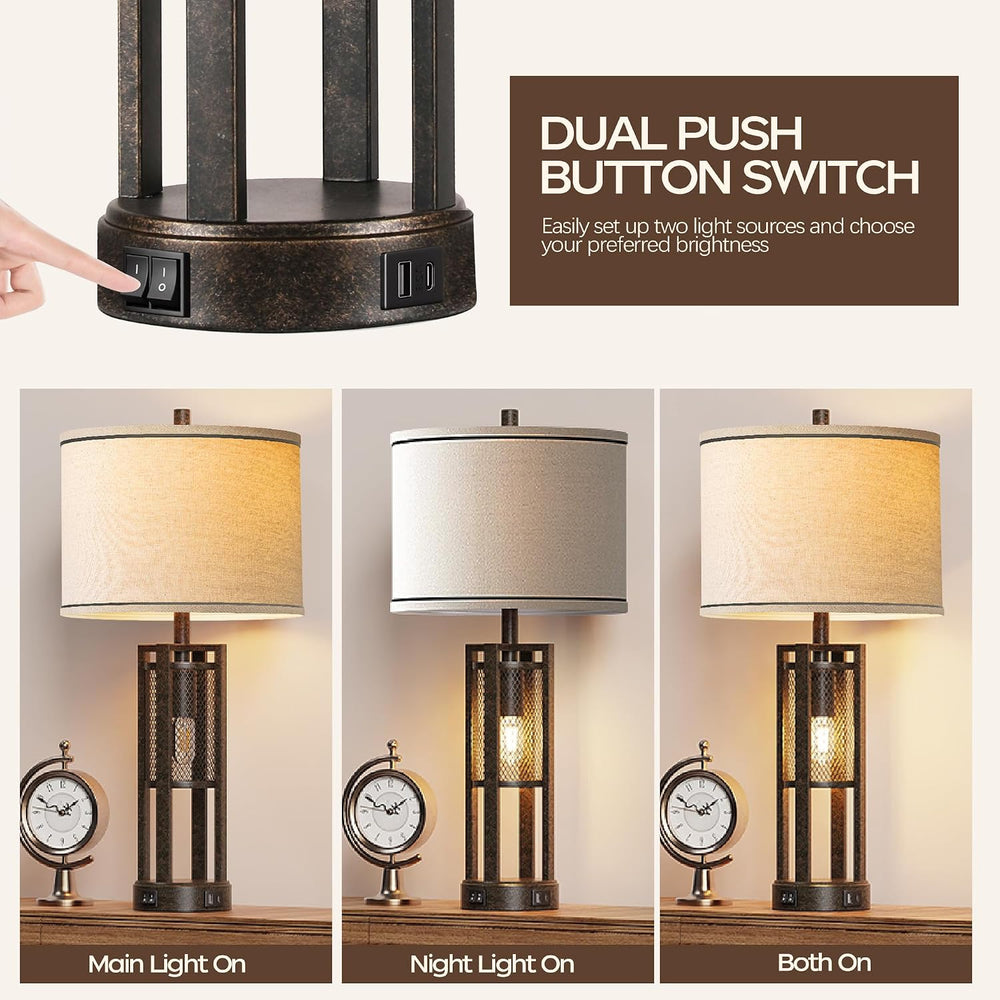 28'' Farmhouse Industrial Table Lamp Set of 2 - Rustic Bedside Nights...