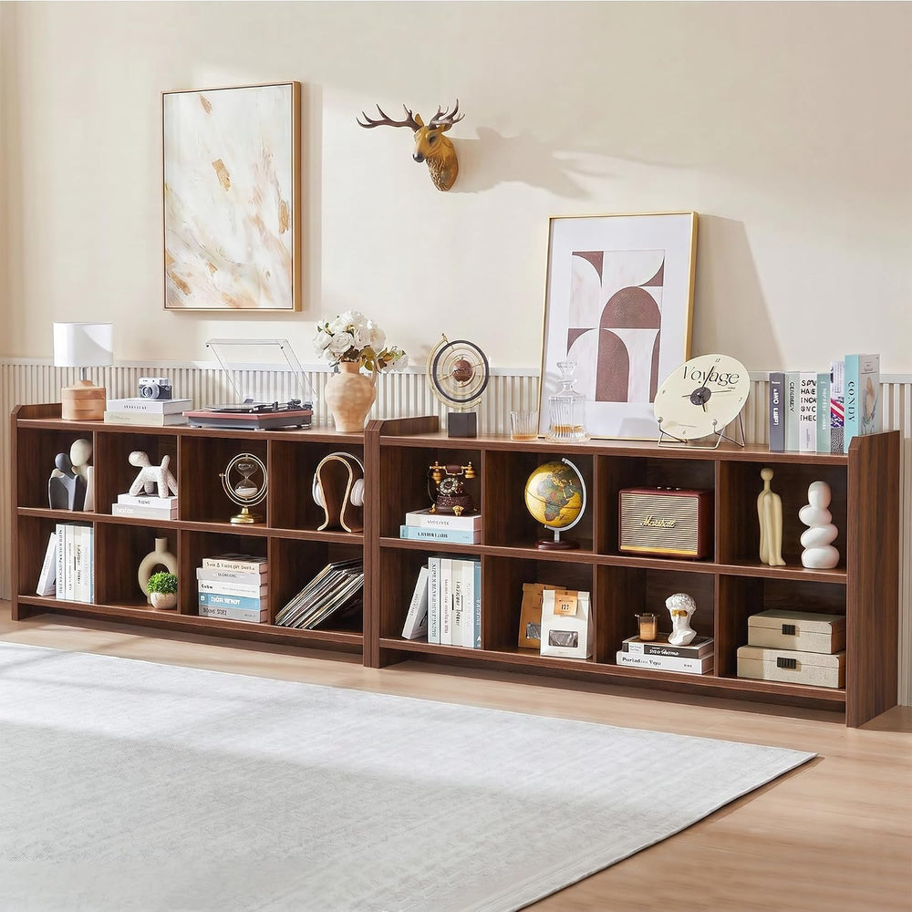 8 Cube Low Storage Organizer, 63" Long Horizontal Bookshelf, Walnut