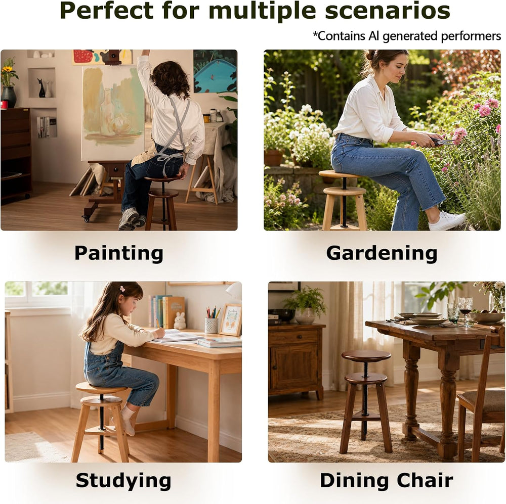 DJAR Wooden Drafting Stool with Adjustable Height for Art Studio, Natural
