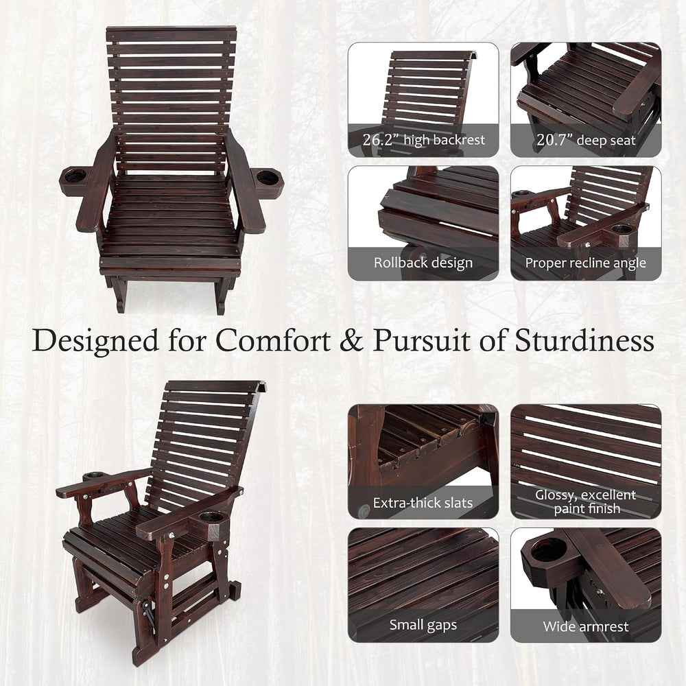 Fortune Candy Wooden Glider Chair, Cup Holders, Chocolate Tone, 1-Seater