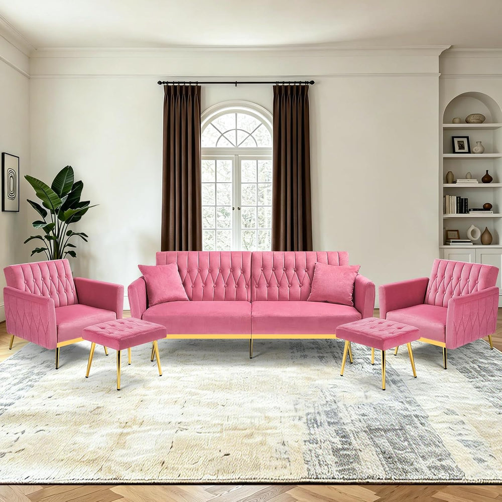 3 Pieces Velvet Sofa Set w/Adjustable Armrest &Backrest,Pink