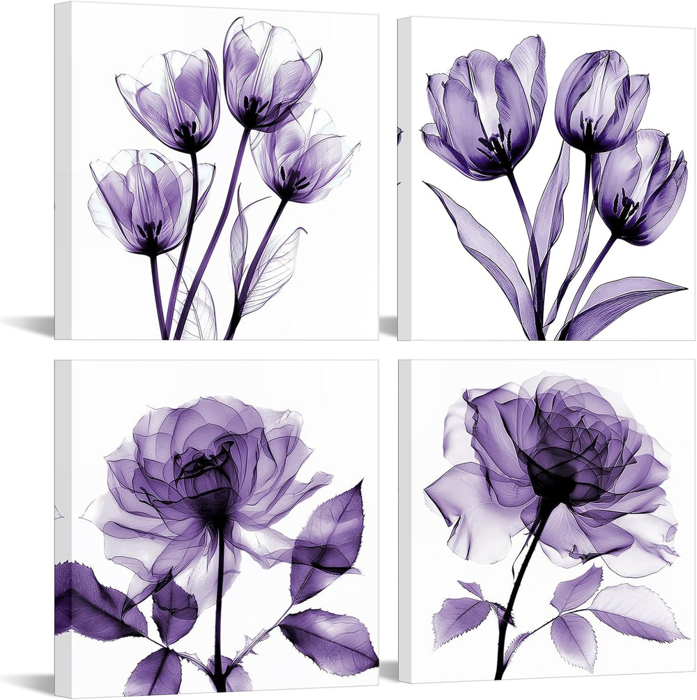 iKNOW FOTO 4pcs X-Ray Purple Flower Wall Art Print Set - Minimalist Floral Pl...