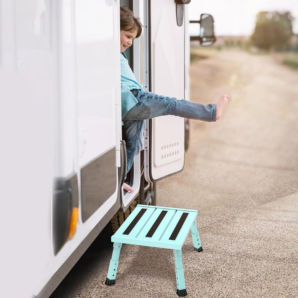 Adjustable RV Step Stool, Wide Platform, Foldable Legs, Green