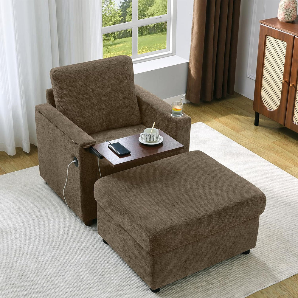 Rading Chairs with Storage Ottoman and Folding Tray Table, Brown