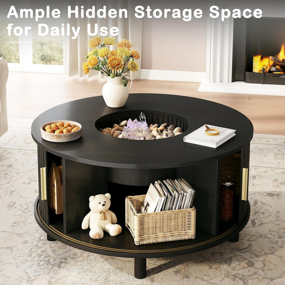 LVB Black Coffee Table Round, Wood Living Room Table with Storage for Home