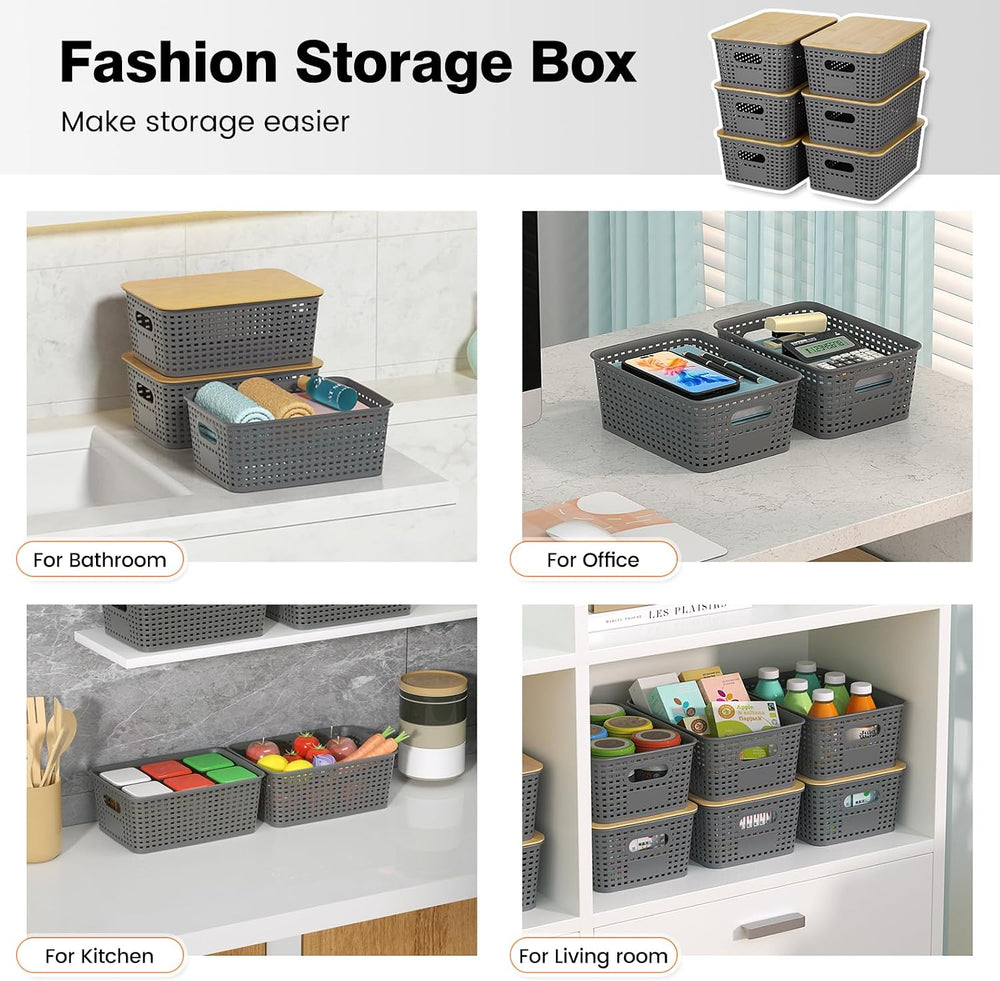Ohmlove 6 Pack Plastic Storage Baskets with Bamboo Lids for Organization