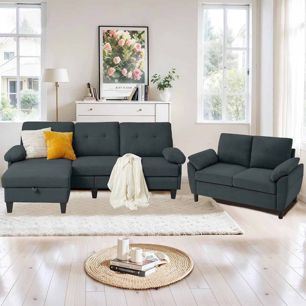 3 Piece Convertible Sectional Sofa Set, Modern Corduroy Small Couch with Mova...