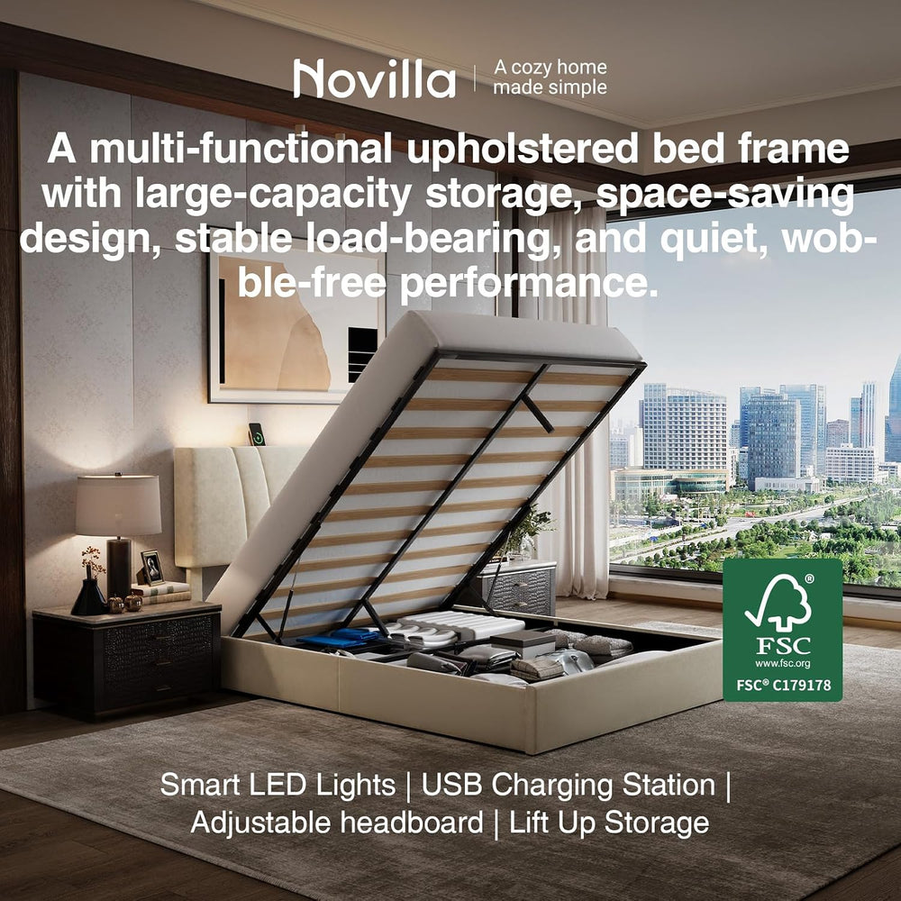 Novilla Queen Lift Up Storage Bed Frame/Charging Station/LED Light, White