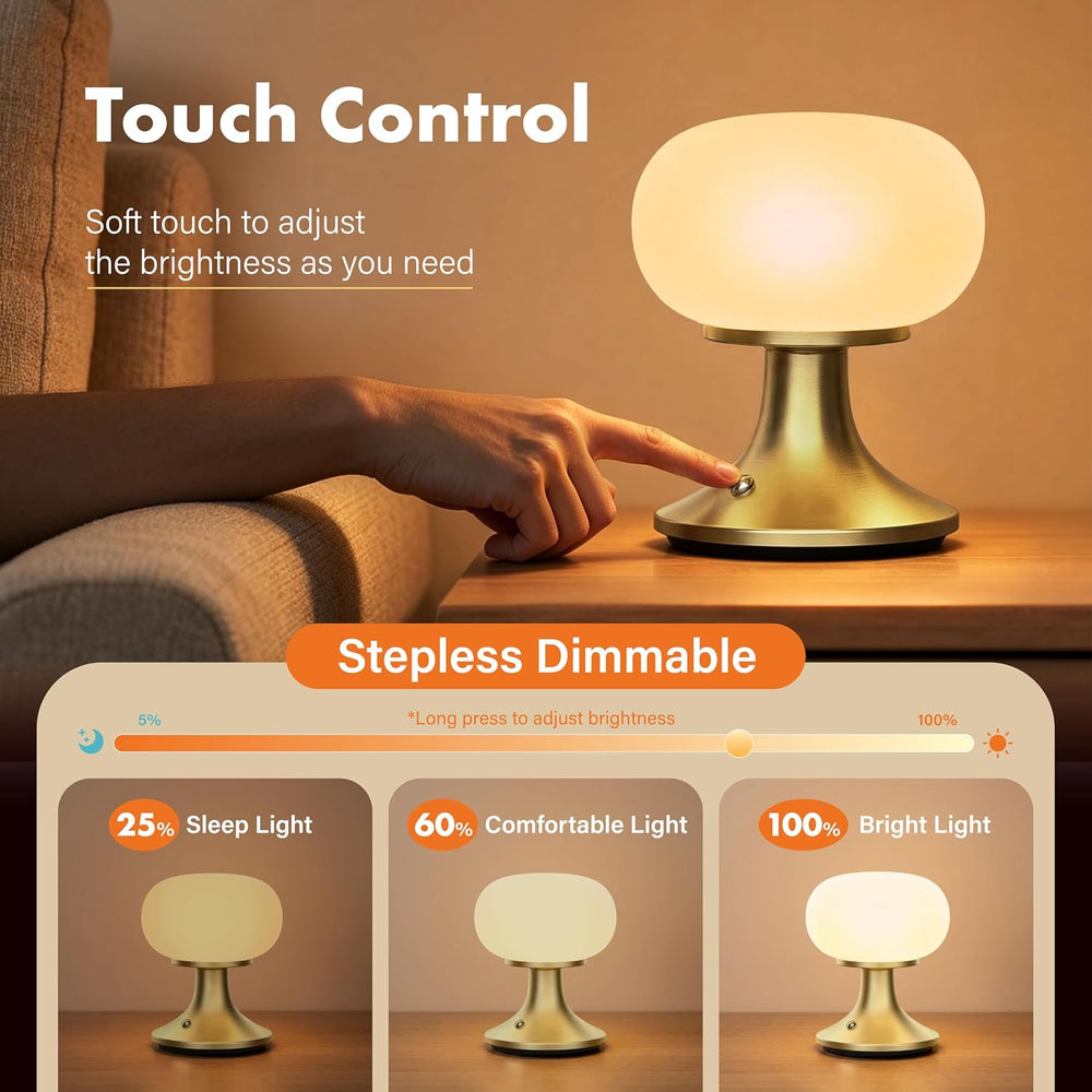 Cordless Mushroom Table Lamp - Stepless Dimming - 2700K Warm Light - Gold