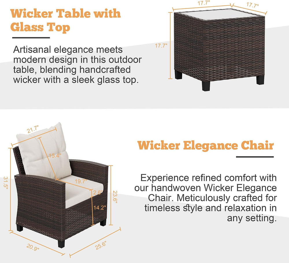 Shintenchi 3 Pieces Patio Furniture Set, PE Rattan Wicker 3 Pcs Patio Set, Ou...