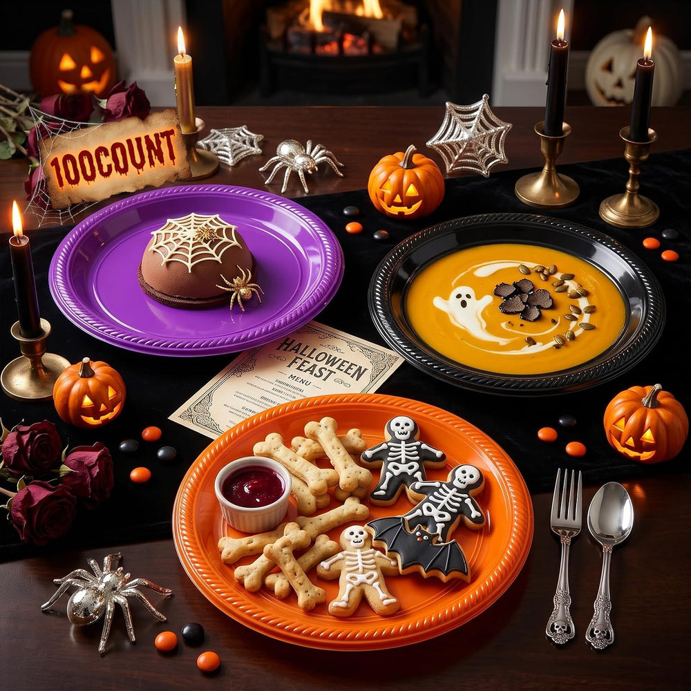100 Count 10 Inch Halloween Plastic Plates Colored Party Disposable Plates
