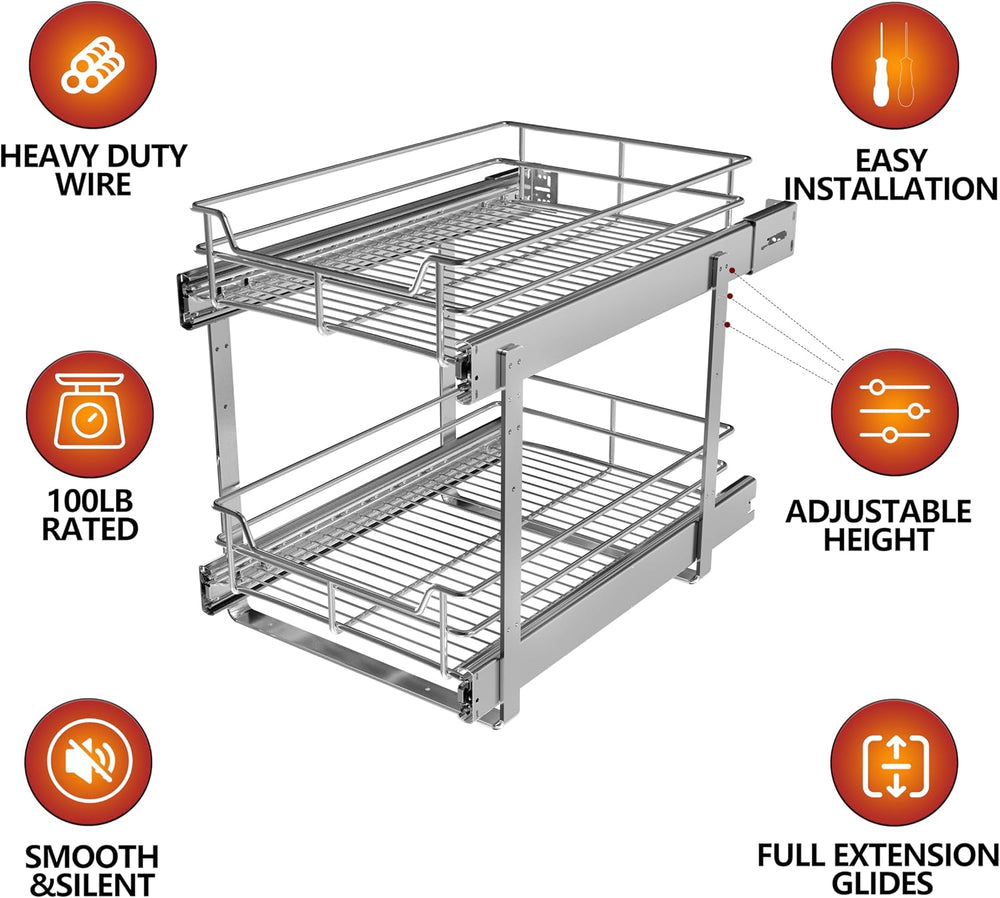 JOWBOOW 2-Tier Cabinet Pull Out Shelves, 20" W x 22" D, Chrome