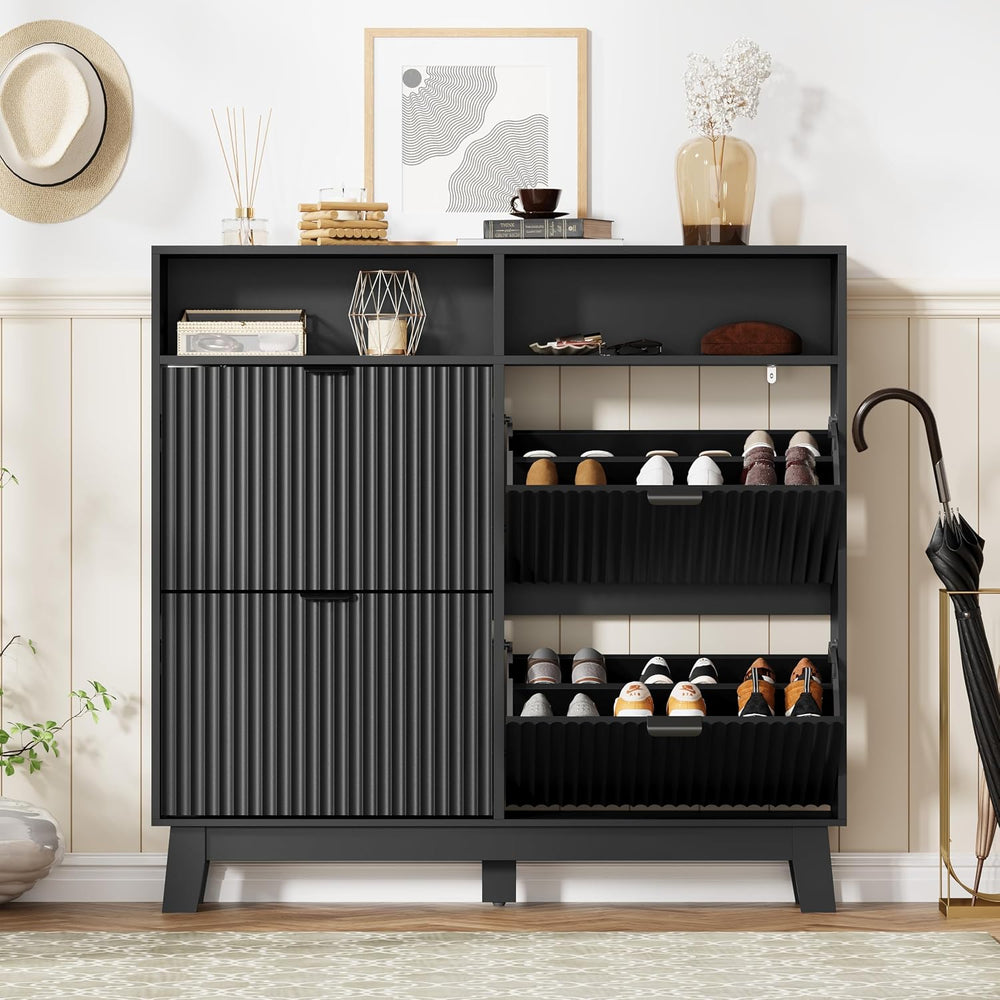 Shoe Cabinet Storage for Entryway with 4 Flip Drawers & Cubby, Black