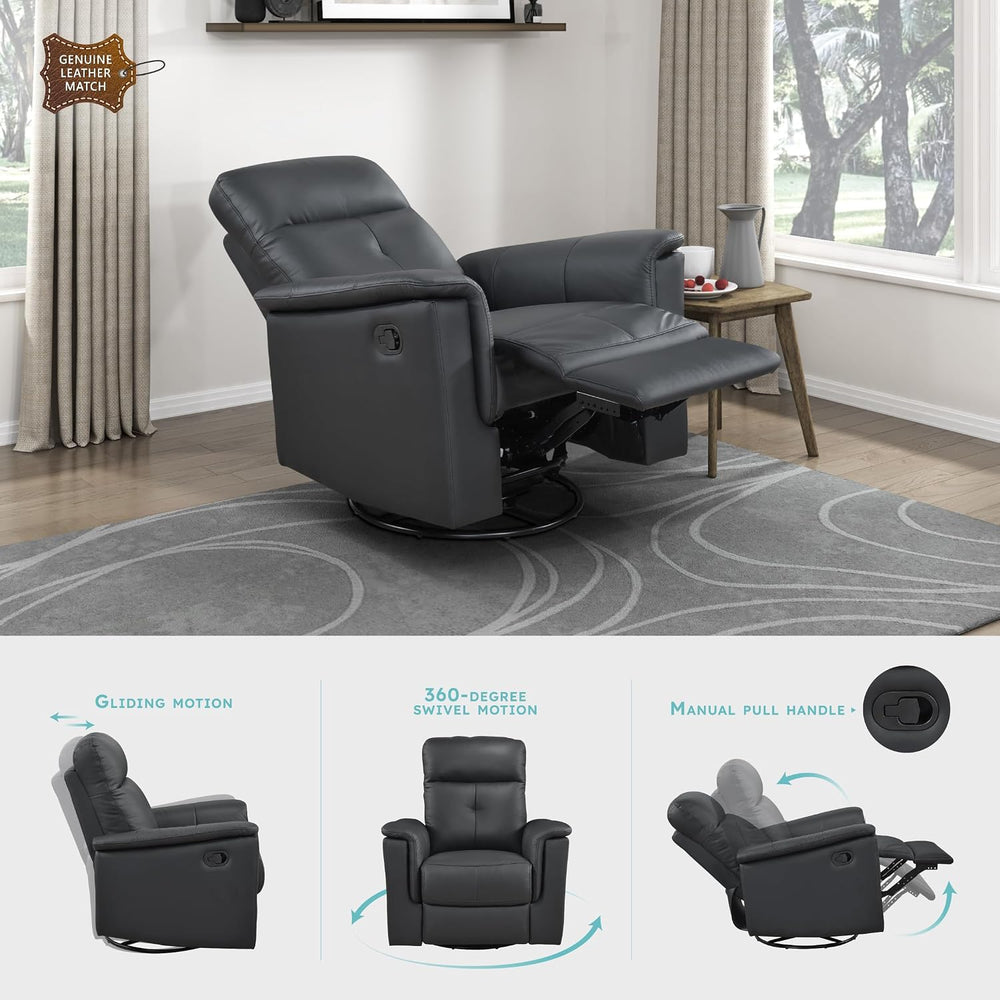 Lexicon Leather Match Upholstered Swivel Glider Recliner Chair, Black