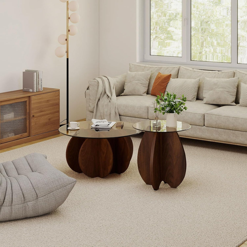 Pumpkin-Shaped Coffee Table with MDF Frame & Amber Tempered Glass Top