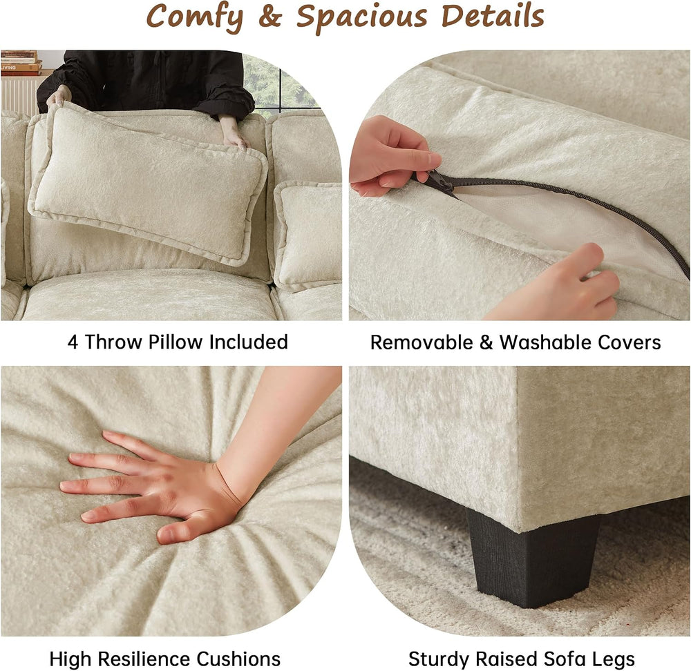 113" U Shaped Sectional Sofa, 4-Seater Cloud Couch, Chenille, Beige