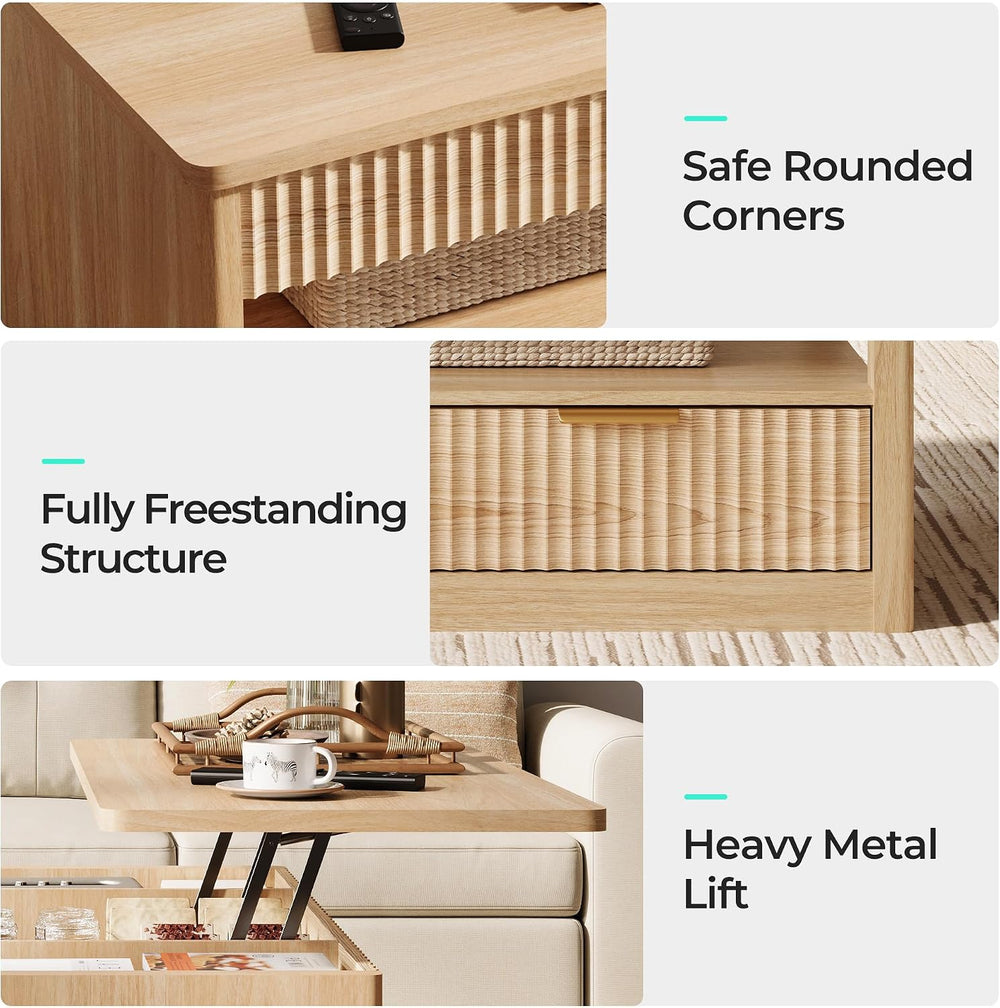 LINSY Home Lift Top Coffee Table with Hidden Storage, Adjustable Shelf, Oak |...