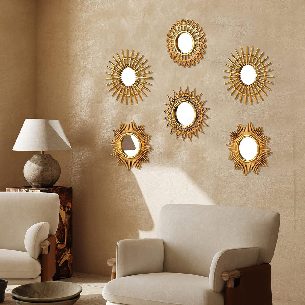 Namalu 6 Pcs Sunburst Round Mirror for Wall Decor, Classic, Gold