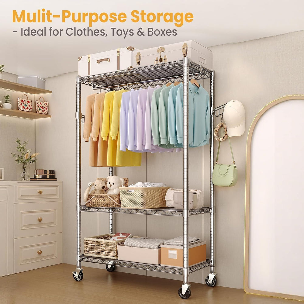 Garvee 3 Tier Clothes Rack with Wheels Portable Closets Adjustable Shelves