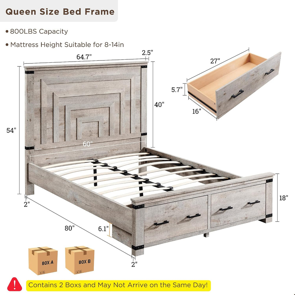 T4TREAM 54" Tall Farmhouse Queen Size Bed Frame, Light Rustic Oak