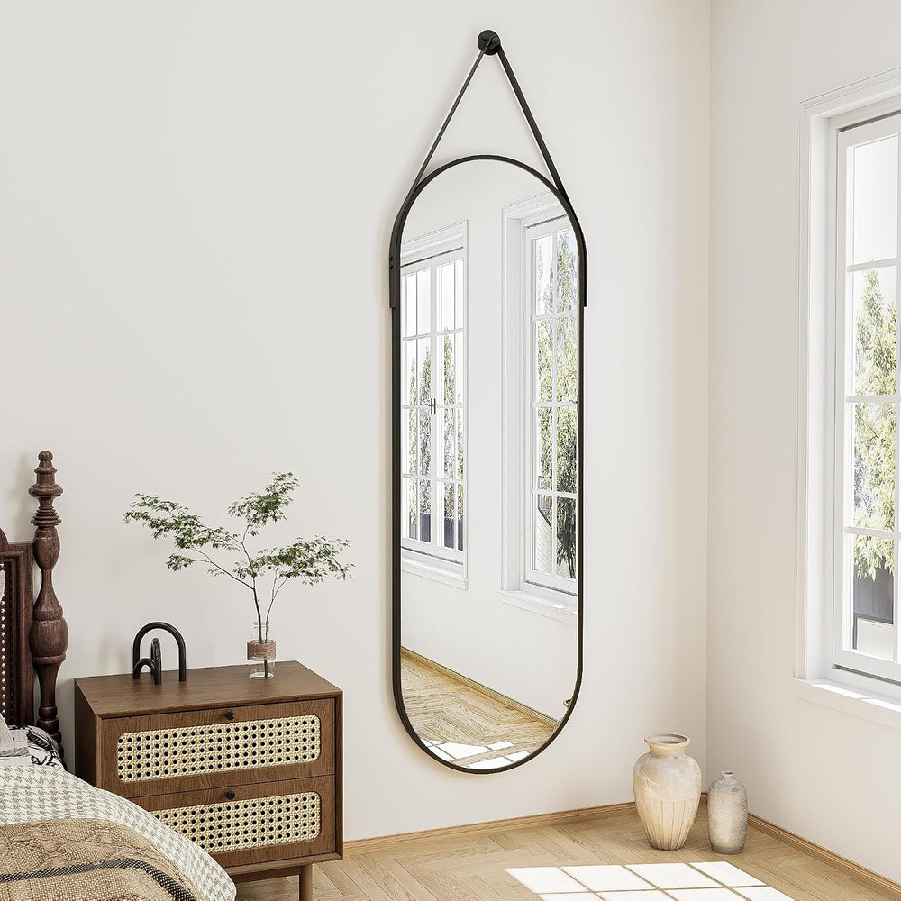 Full Length Mirror Wall Mounted, 48"x16" Oval Hanging Mirror (Black)