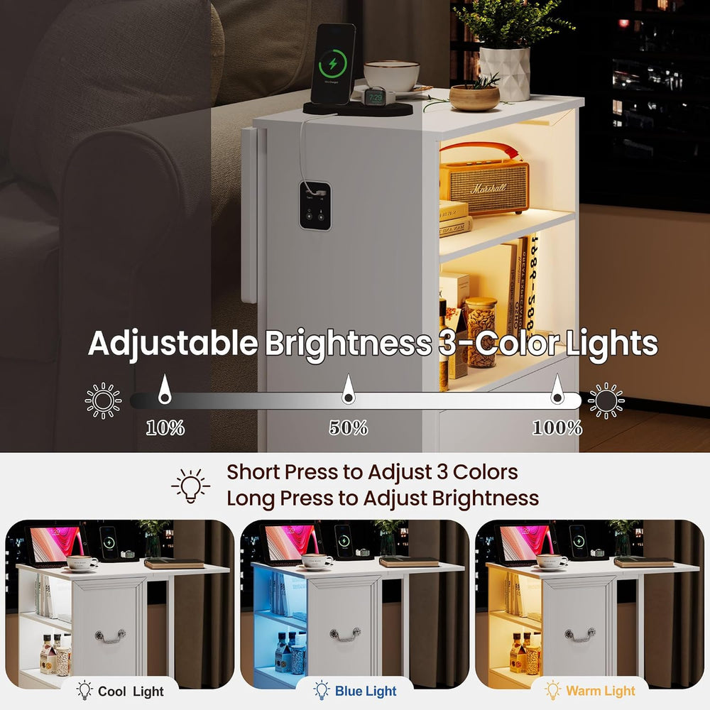 Dystler Rolling Side Table on Wheels, with Drawers & LED Lights Charging