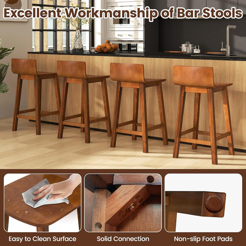 COSTWAY 24.5-inch Solid Wood Bar Stools Set of 4 for Kitchen Island, Brown