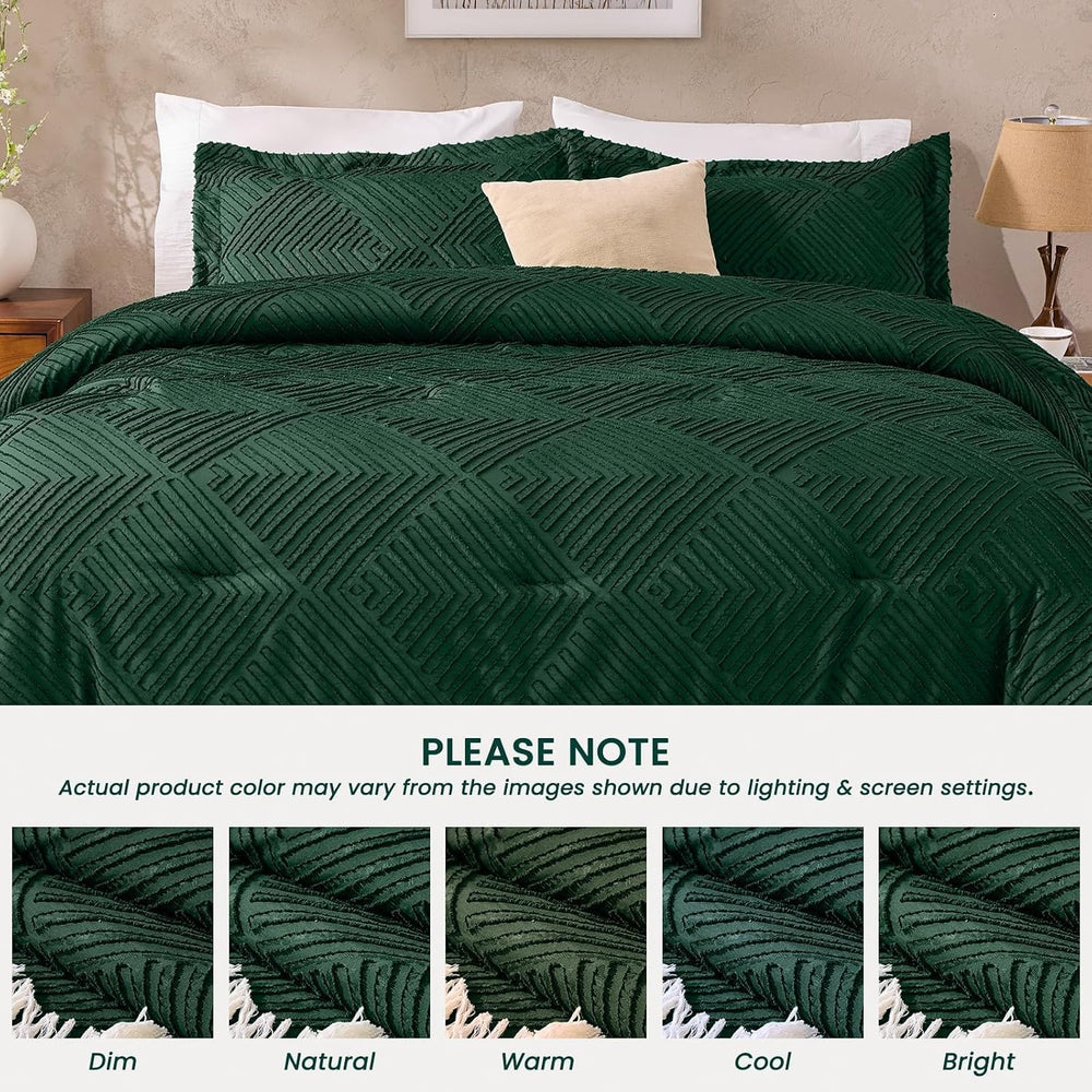 California King Comforter Set, Boho Tufted 3-Piece Bedding Set, Green