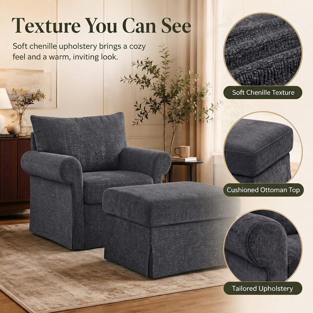 35.82" Oversized Accent Chair with Ottoman, Chenille Armchair, Gray