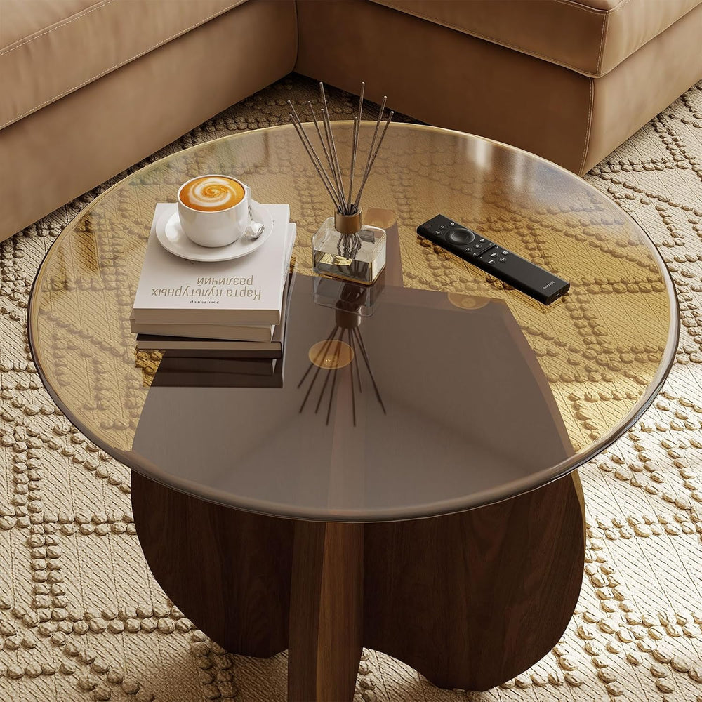 Shell-Shaped Coffee & Side Table with MDF Frame & Amber Tempered Glas...