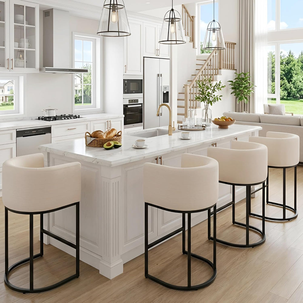 HNY Modern Counter Height Linen Fabric Cream Upholstered Counter Stools Set o...