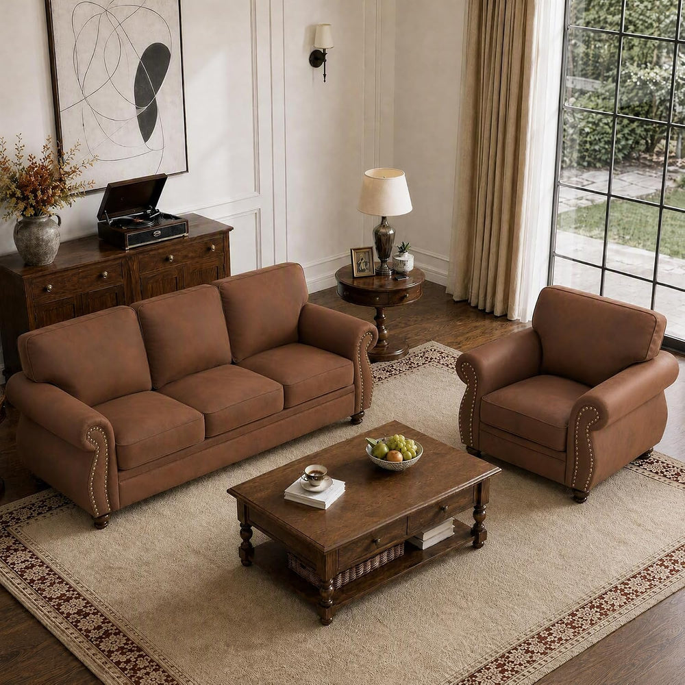 Couchus 2-Piece Sofa Set, 88" 3-Seater, 42" Armchair, Caramel Rust