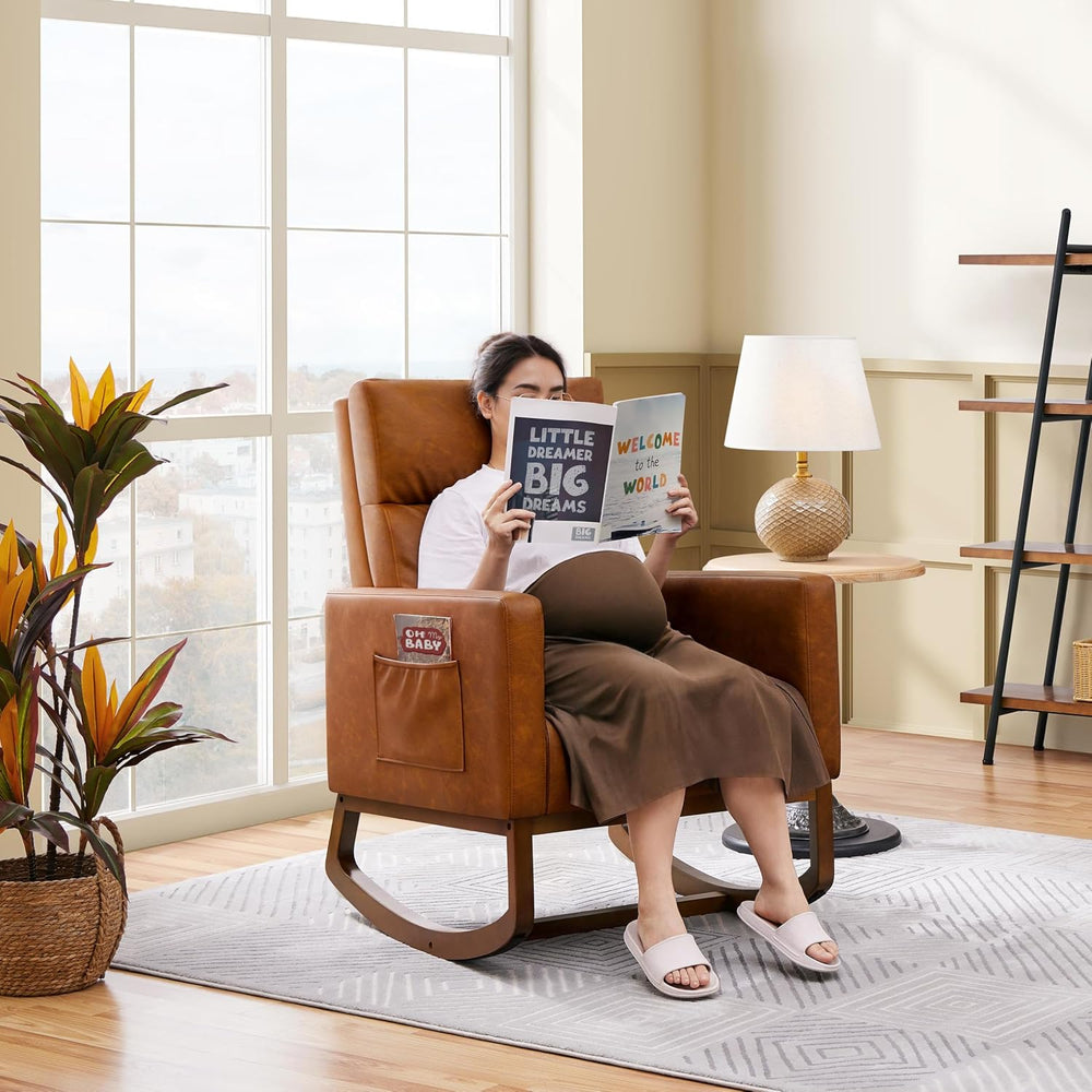 Yaheetech 28in Wide Padded High Back Glider Rocking Chair, Brown Leather