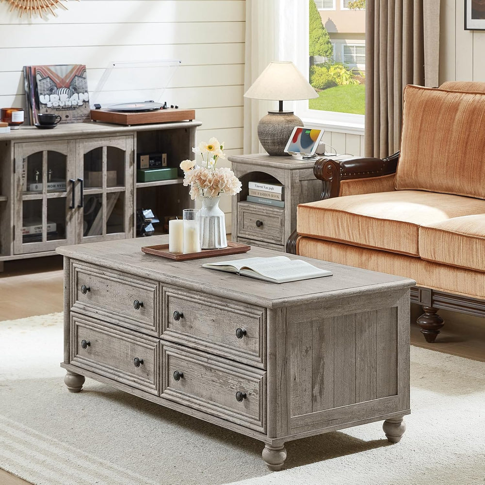 RWYHG 48" Farmhouse Grey Coffee Table, Center Table with 4 Drawers