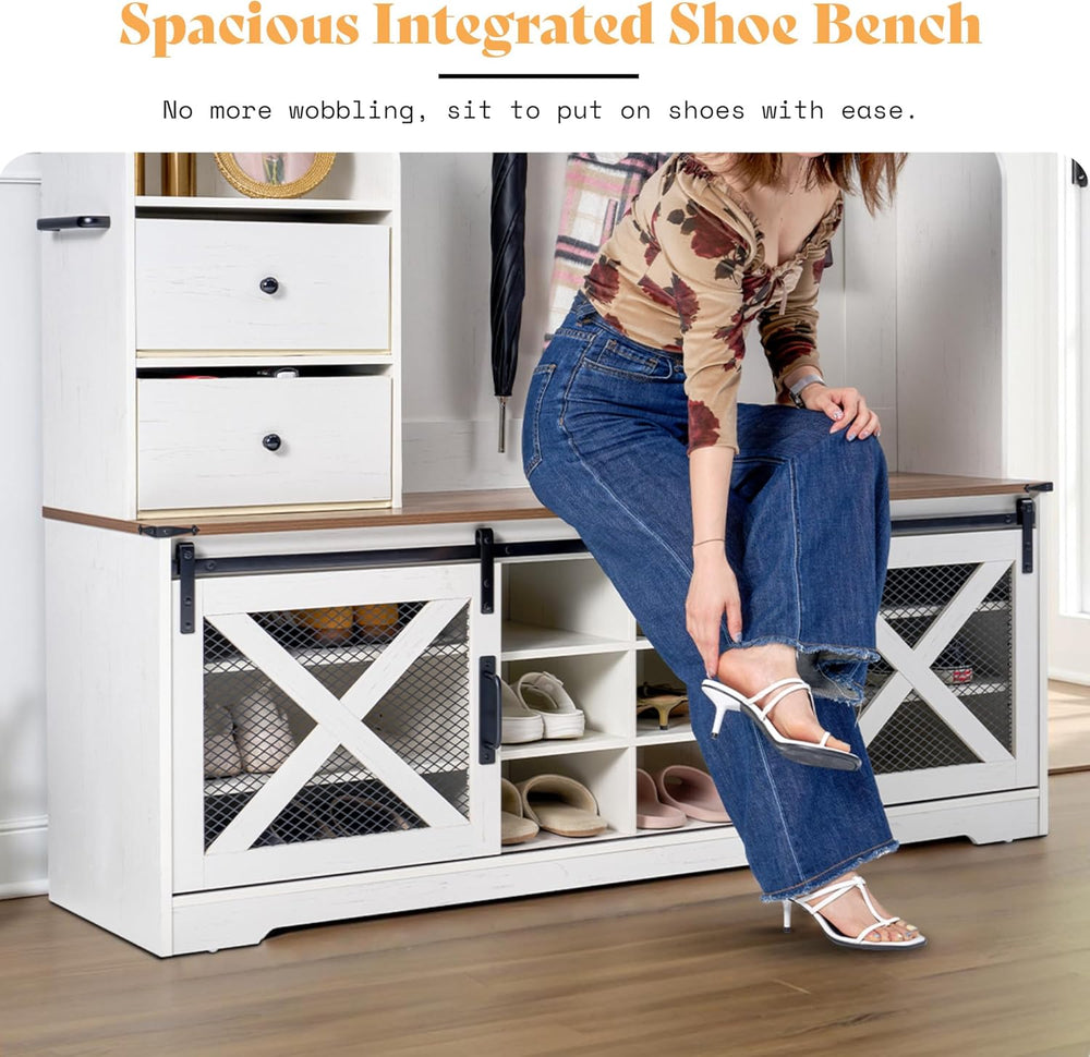AMERLIFE 75" 7-in-1 Farmhouse Hall Tree with Shoe Bench & LED, Rusti...