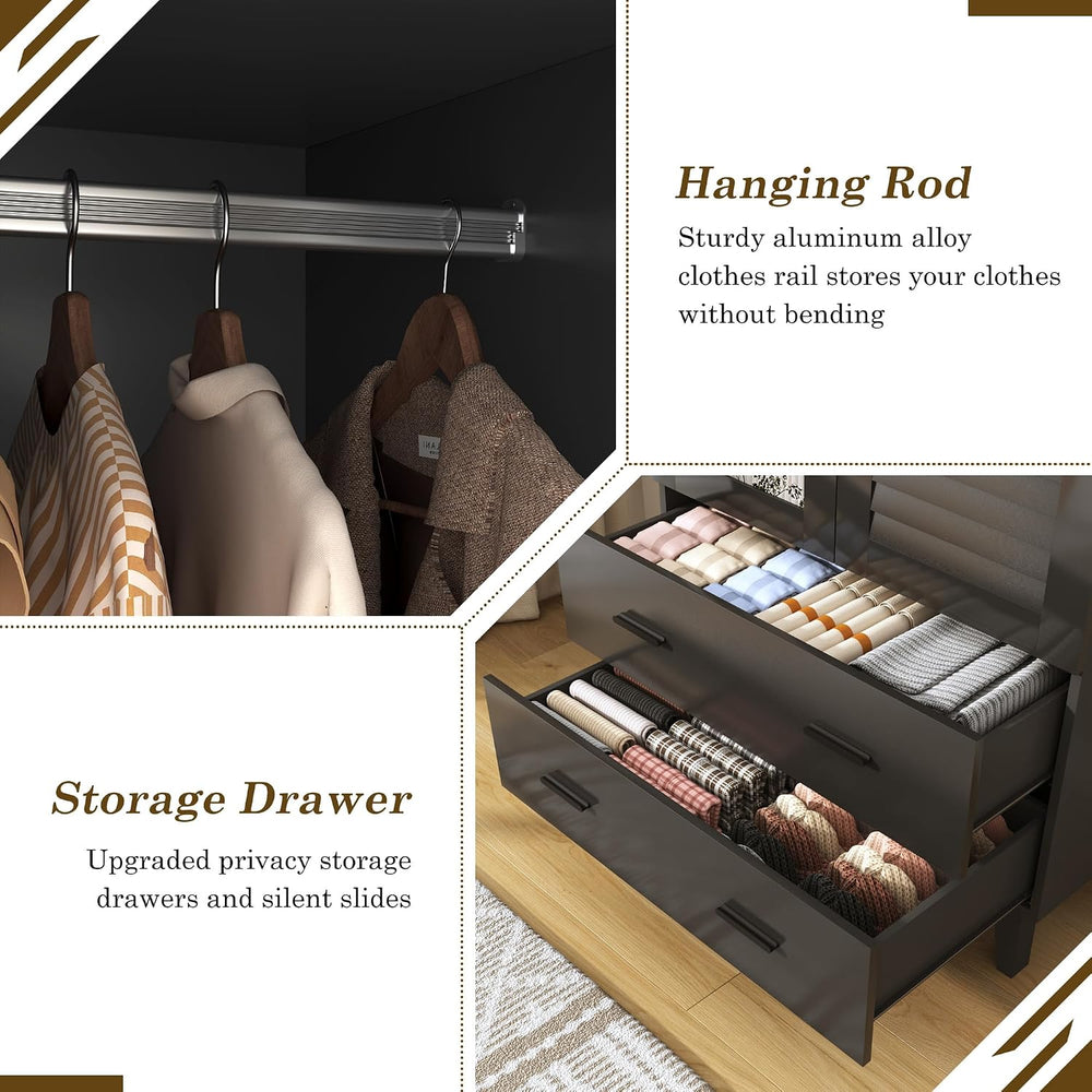 jiteentarou 2 Door Armoire Wardrobe Closet Cabinet with Drawers and LED Light...